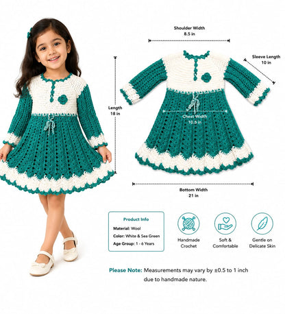 Teal Green & Cream Handmade Crochet Dress for Girls | Full Sleeve Wool Dress