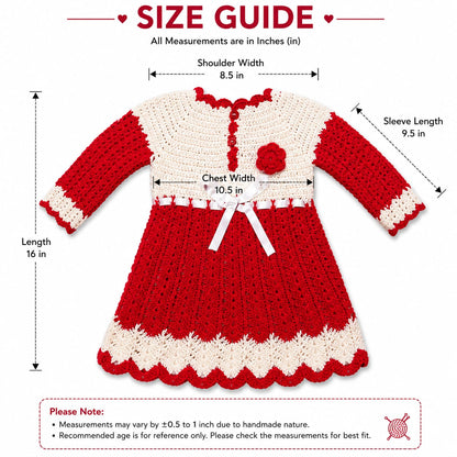 Red & Cream Handmade Crochet Dress for Girls | Bow Detail Winter Wool Dress