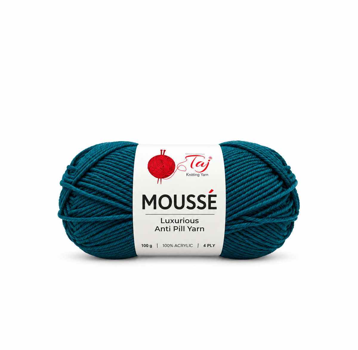 A skein of teal yarn with a white paper label that reads 'Moussé Luxurious Anti Pill Yarn' and shows the Tej Knitting Yarn brand logo, set against a plain white background.