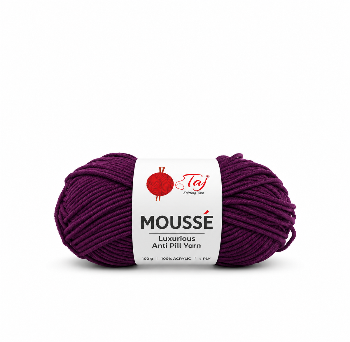 A skein of deep purpleMOUSSE luxury anti-pill yarn by Tej, wrapped in a white paper label, on a clean white background.