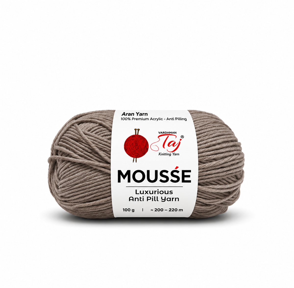 A single skein of taupe-brown Mousse Anti Pill Yarn by Taj, featuring a white paper label with red and black branding, set against a plain white background.