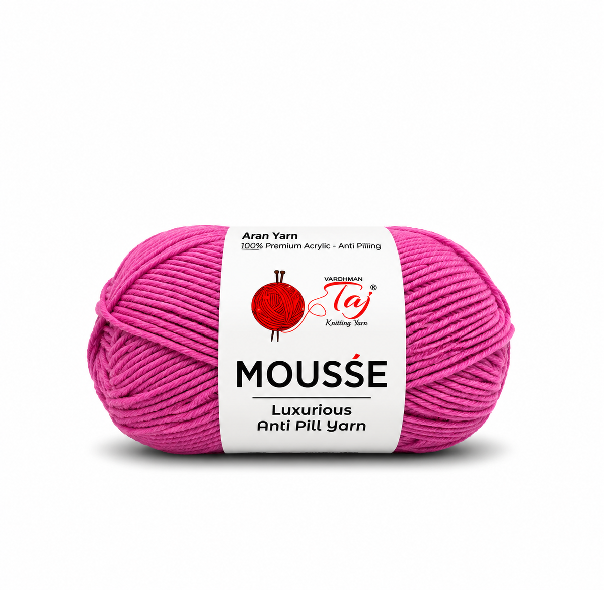 A skein of bright pink Mousse Anti Pilling yarn with a white paper label, shown on a clean white background.
