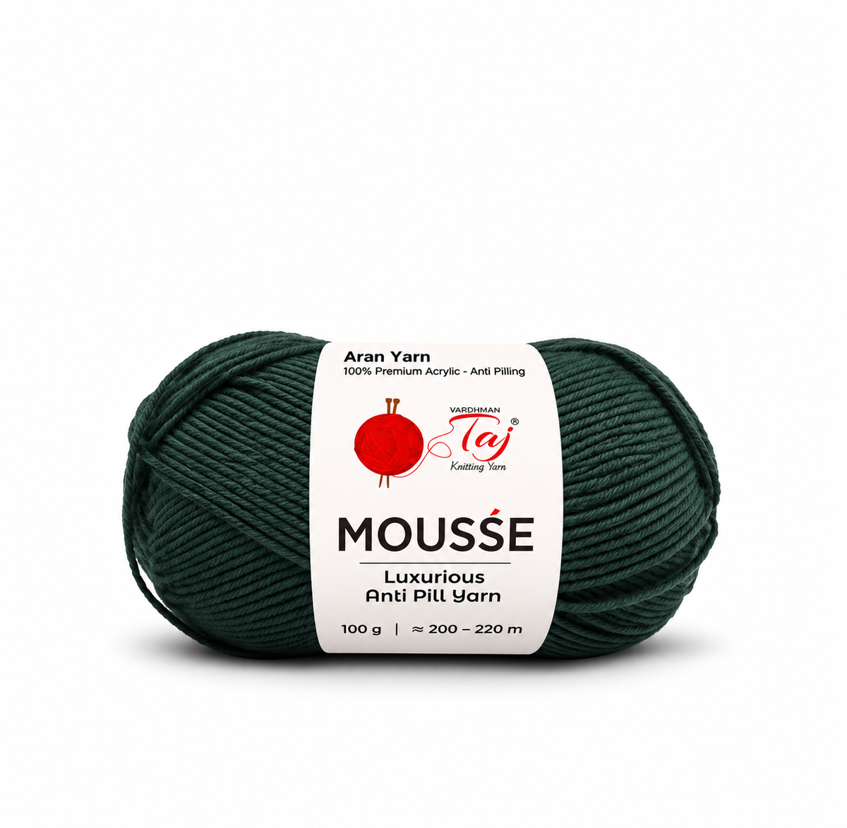 A single skein of Wessgarman Aran Yarn in the color Mousse, which is a deep forest green. The yarn is wrapped with a white paper label showing the brand logo and product details, set against a plain white background.