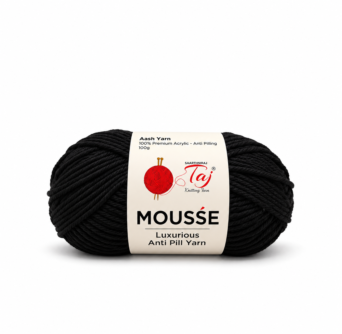 A single skein of black Mousse Luxurious Anti Pili Yarn by Taj Yarn, featuring a cream-colored paper label with a red logo, set against a plain white background.