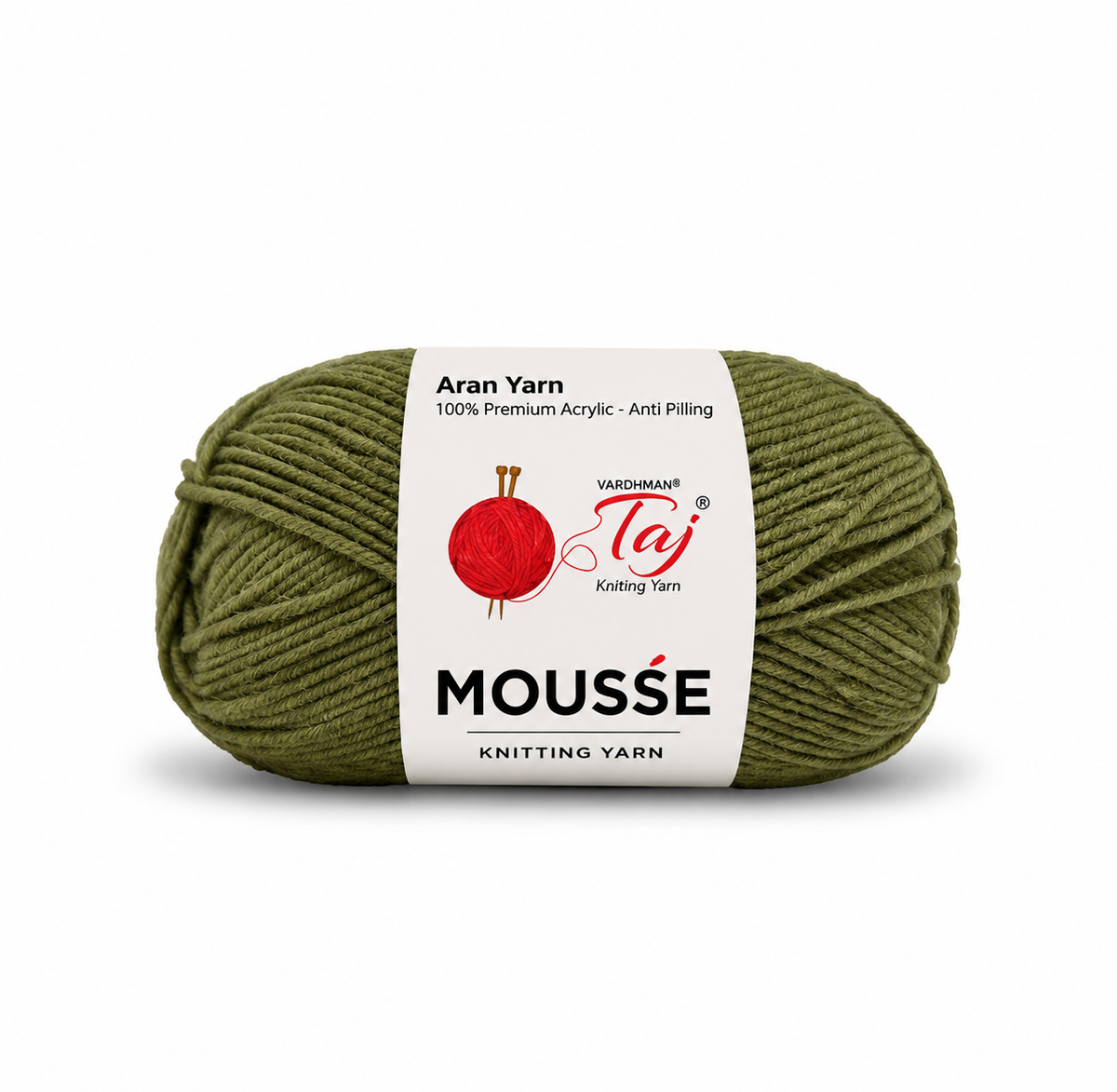 A skein of olive green knitting yarn with a white paper label featuring the brand 'Waechmann Taj' and product name 'Mousse Knitting Yarn'.