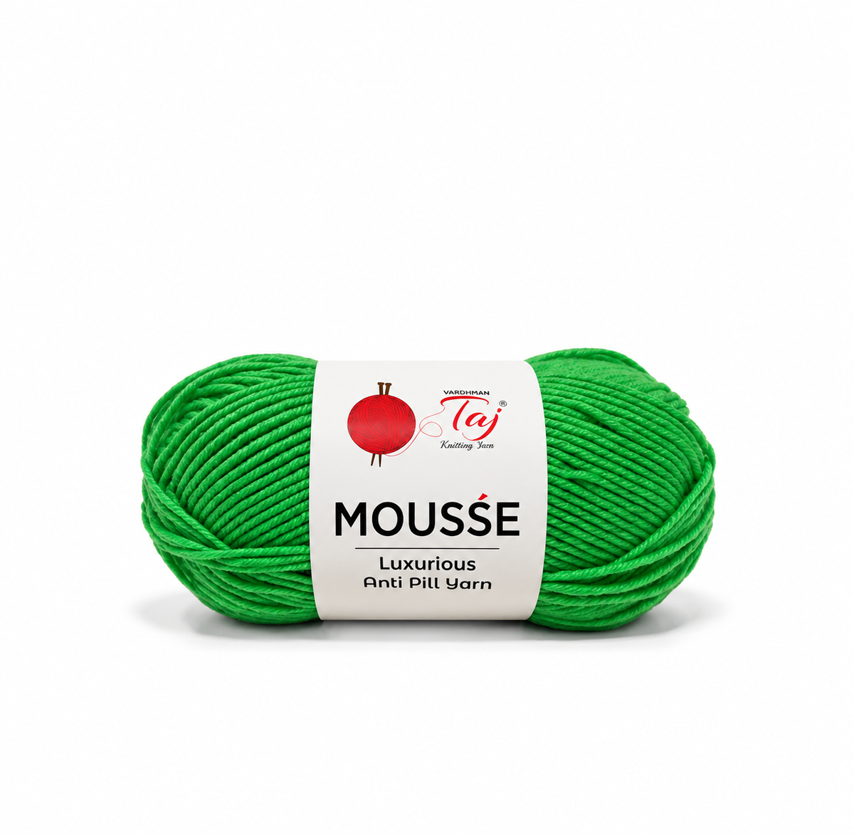A bright green skein of Mousse Luxury Anti-Pill Yarn with a white paper label, shown on a clean white background.
