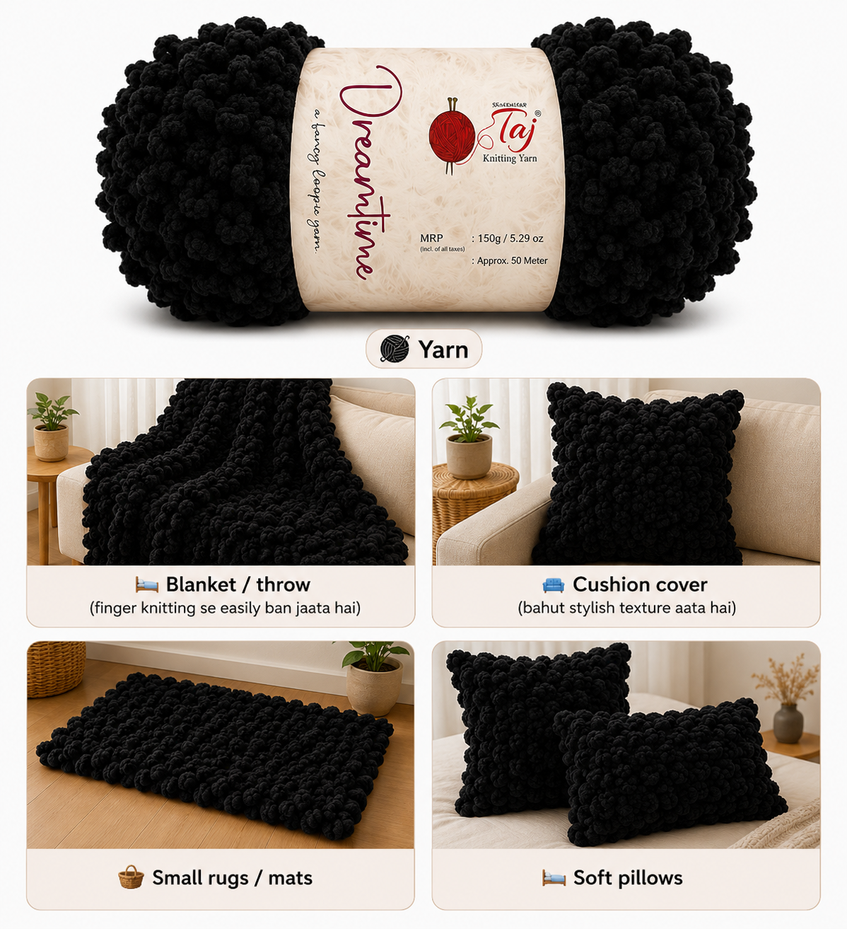Black yarn ball with 'Taj' branding, shown with applications like blanket, cushion cover, small rug, and soft pillow.