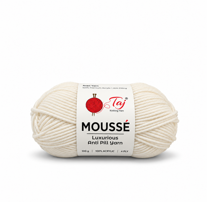 A single skein of Moussé luxurious anti-pill yarn in a warm cream/off-white shade, wrapped with a white paper label featuring a red yarn ball logo and black text, set against a plain white background.