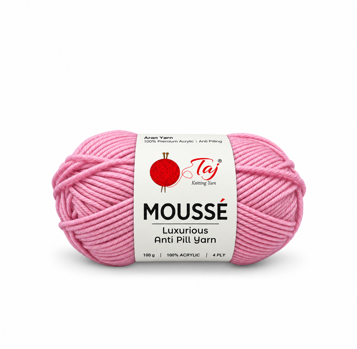 A single ball of pink yarn wrapped with a white paper label reading 'Moussé Luxurious Anti Pill Yarn' by Taj Knitting Term, on a plain white background.