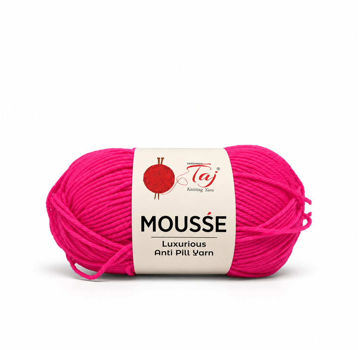 A skein of bright pink Mousse Anti Pill Yarn by Taj Knitting Yarn, wrapped in a white paper label, on a clean white background.