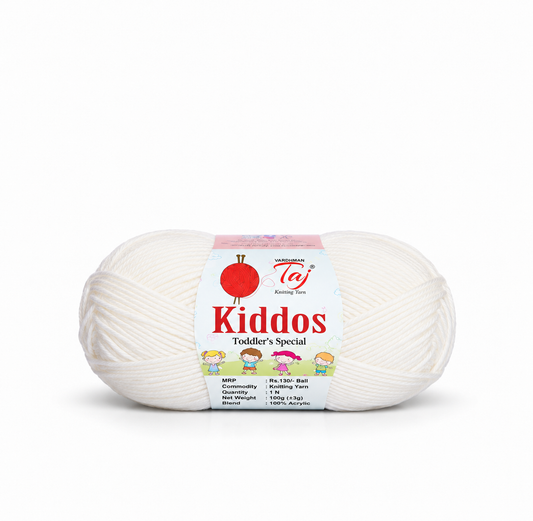 A single skein of white yarn with a paper label reading 'Kiddos Toddler's Special' and the Kay Bojesen logo, photographed on a clean white background.