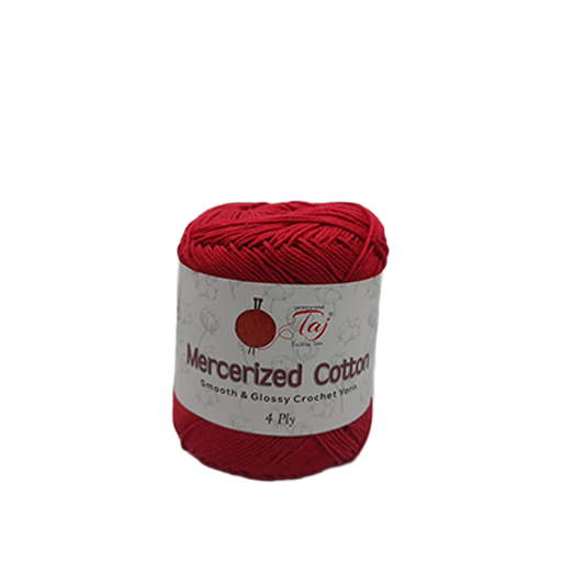 Red ball of Mercerized Cotton yarn with a label on a white background