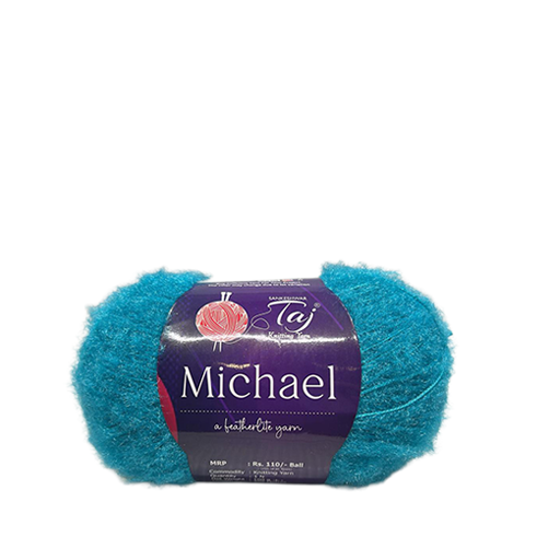 Turquoise yarn ball with a label on a white background