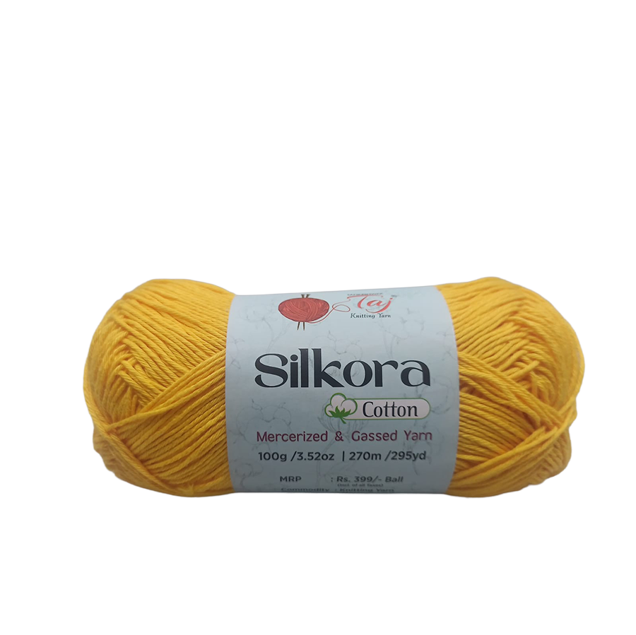 Yellow ball of yarn with a Silkora label on a white background